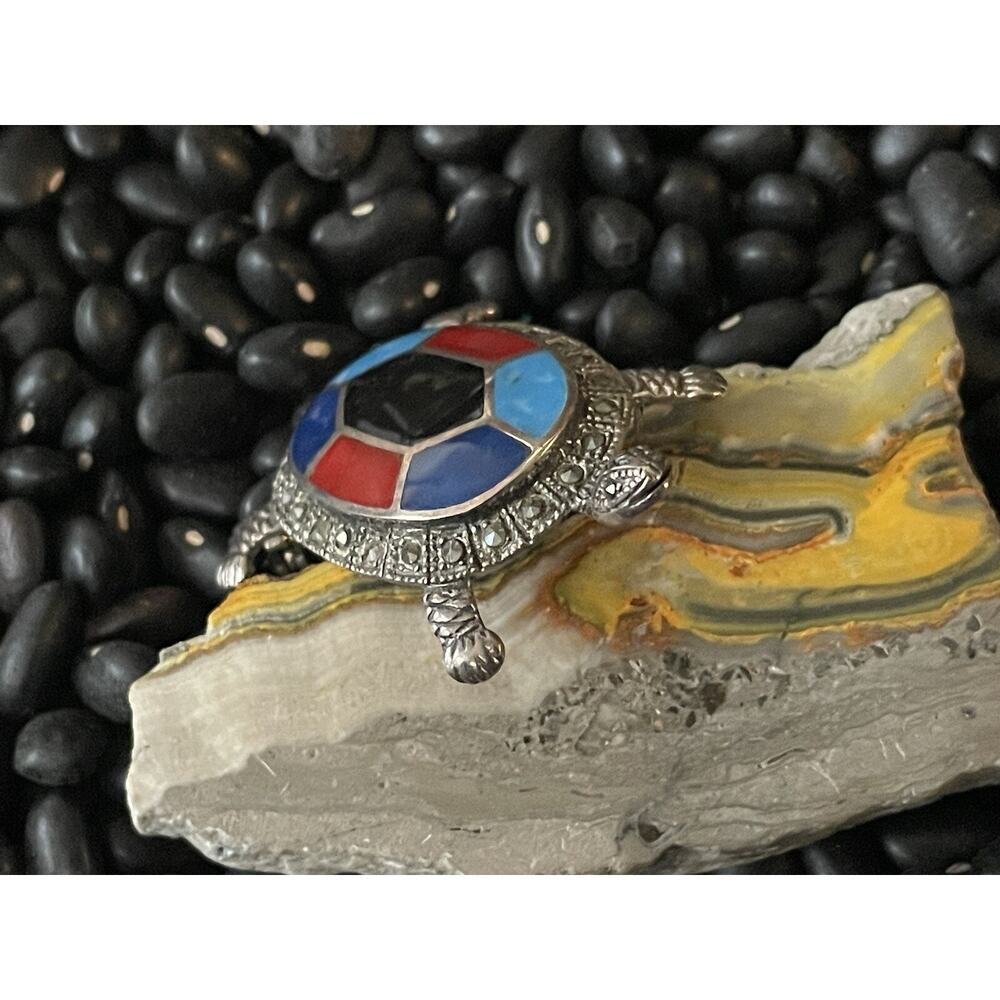 Sterling Silver Marcasite Enamel Turtle Tortuga Tortoise Brooch Pin 🐢Red Blue - Picture 6 of 10